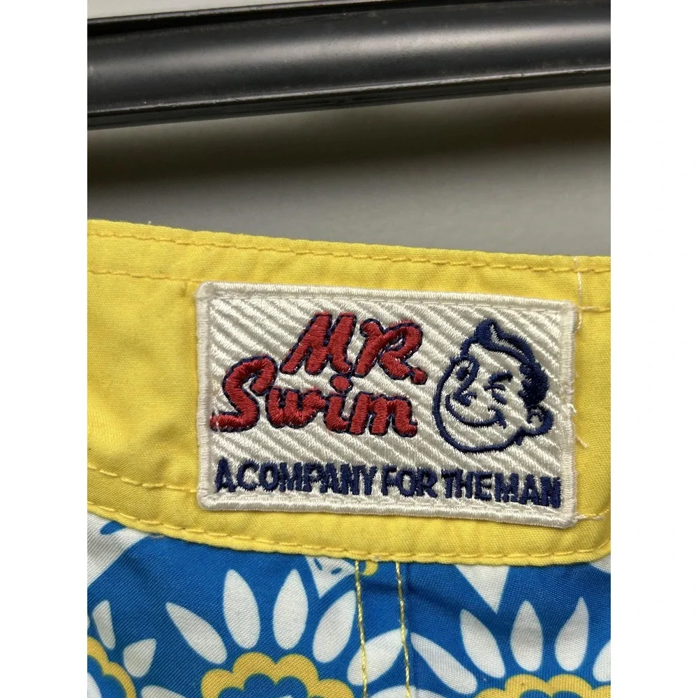 Mr Swim Swim Trunks Mens 28 Blue Yellow Geometric Floral Board Shorts Lace Up